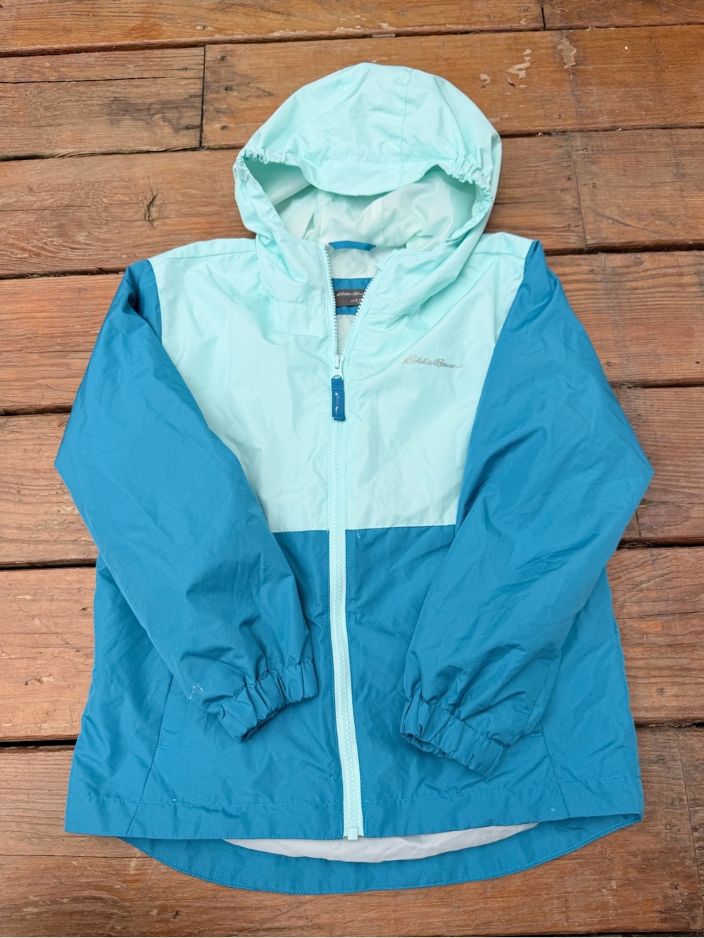 Eddie Bauer Girls' Two-Tone Teal Hooded Rain Jacket S 7/8